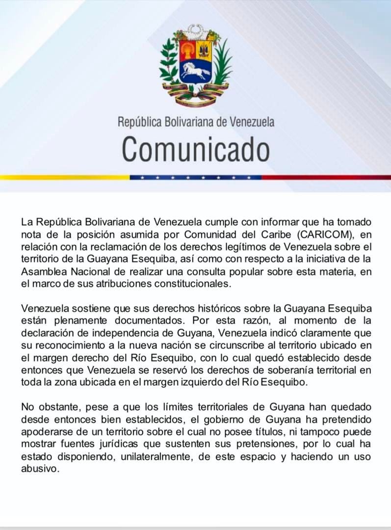 New statement from Venezuelan foreign minister Yvan Gil in response to CARICOMs concerns over the Esequibo referendum. It’s a much calmer statement than has been seen recently. Venezuela ‘takes note’ of CARICOMs position and wishes to resolve the territorial dispute ‘amicably’