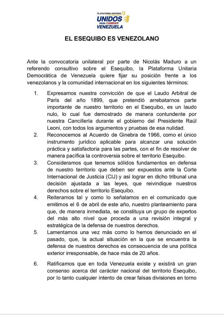 La Plataforma Unitaria Democrática de Venezuela fija posición este 13Nov, ante la convocatoria unilateral de Nicolás Maduro a un referendo consultivo sobre el Esequibo