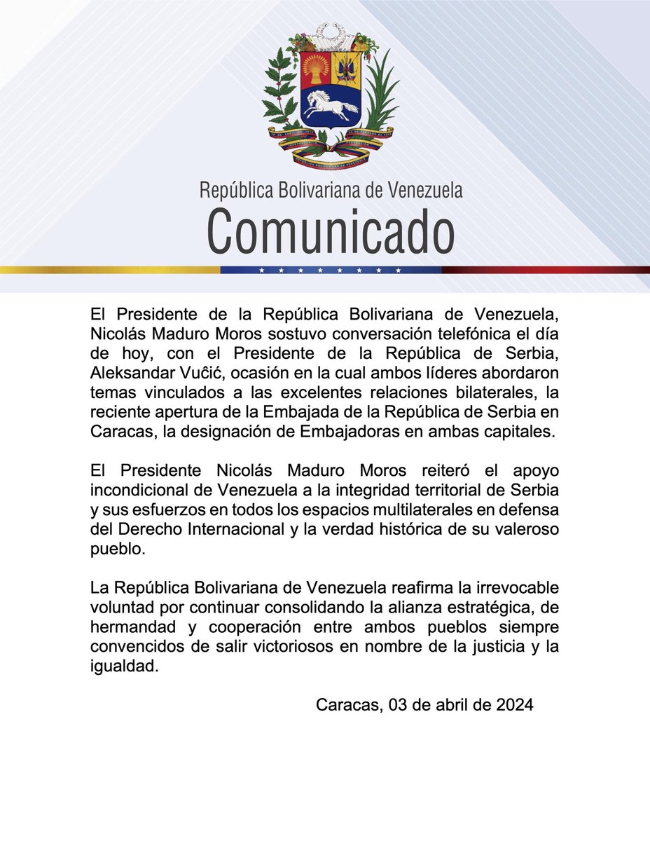 Serbia and its President Vucic got unconditional support for territorial integrity and its peoples historic truth  by Venezuela's dictator, Nicolas Maduro
