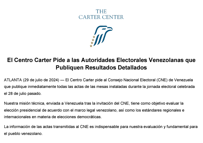 El Centro Carter pide al CNE publicar inmediatamente los resultados electorales detallados de cada mesa