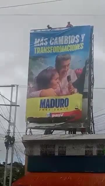 A Maduro election poster was torn down by protestors in San Jacinto, in northern Barquisimeto