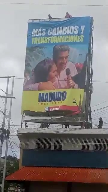 A Maduro election poster was torn down by protestors in San Jacinto, in northern Barquisimeto