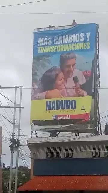 A Maduro election poster was torn down by protestors in San Jacinto, in northern Barquisimeto