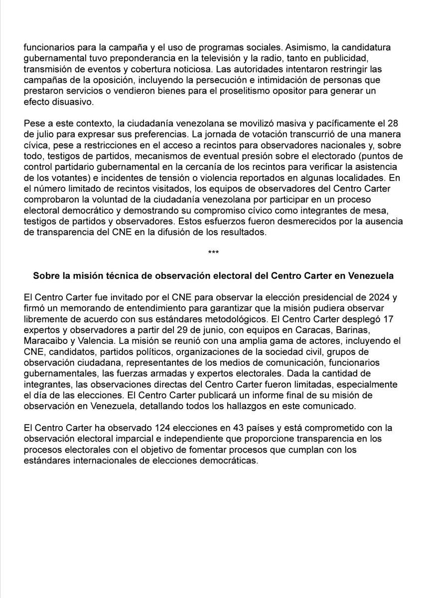 After @OAS_oficial, @CarterCenter issues another devastating assessment on elections in Venezuela: Venezuela's 2024 presidential election did not conform to international parameters and standards of electoral integrity and cannot be considered democratic