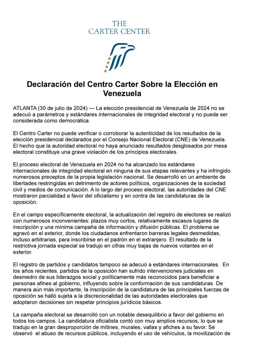 After @OAS_oficial, @CarterCenter issues another devastating assessment on elections in Venezuela: Venezuela's 2024 presidential election did not conform to international parameters and standards of electoral integrity and cannot be considered democratic