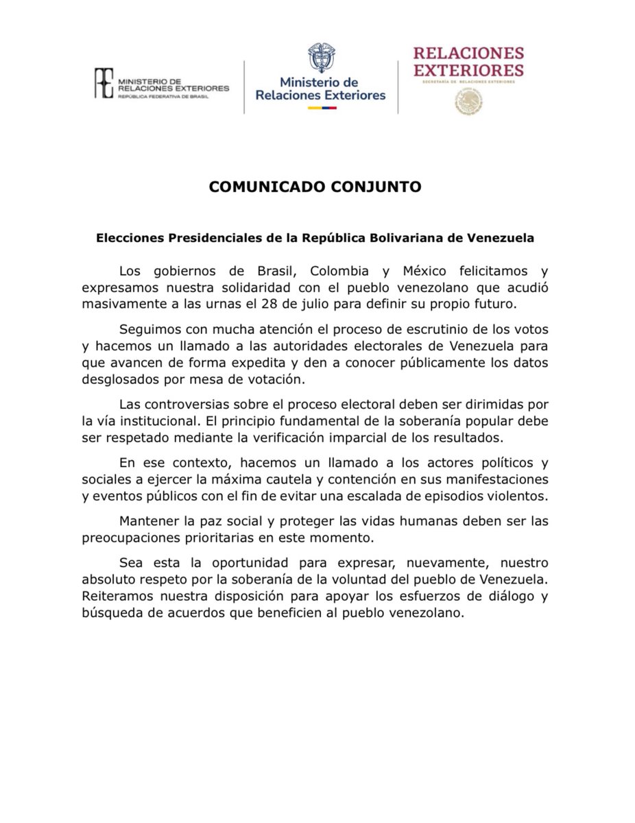 Brasil, Colombia y México emiten un comunicado conjunto pidiendo a las autoridades electorales venezolanas avanzar de manera expedita y publicar públicamente los datos desglosados por mesa de votación.