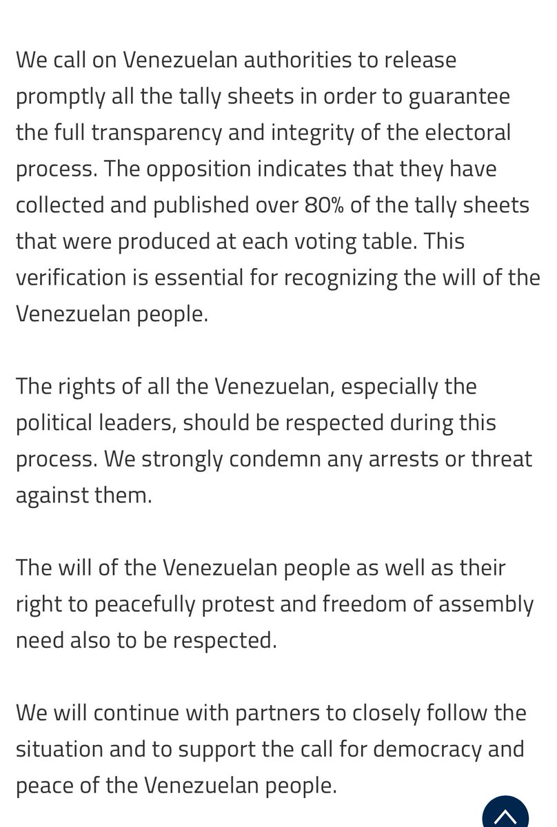 Les gouvernements d'Italie, de France, d'Allemagne, d'Espagne, des Pays-Bas, de Pologne et du Portugal publient une déclaration commune : - Ils exigent que Maduro prouve sa victoire. Ils affirment que l'opposition dispose déjà de 80 % des minutes. - Ils demandent d'arrêter la persécution