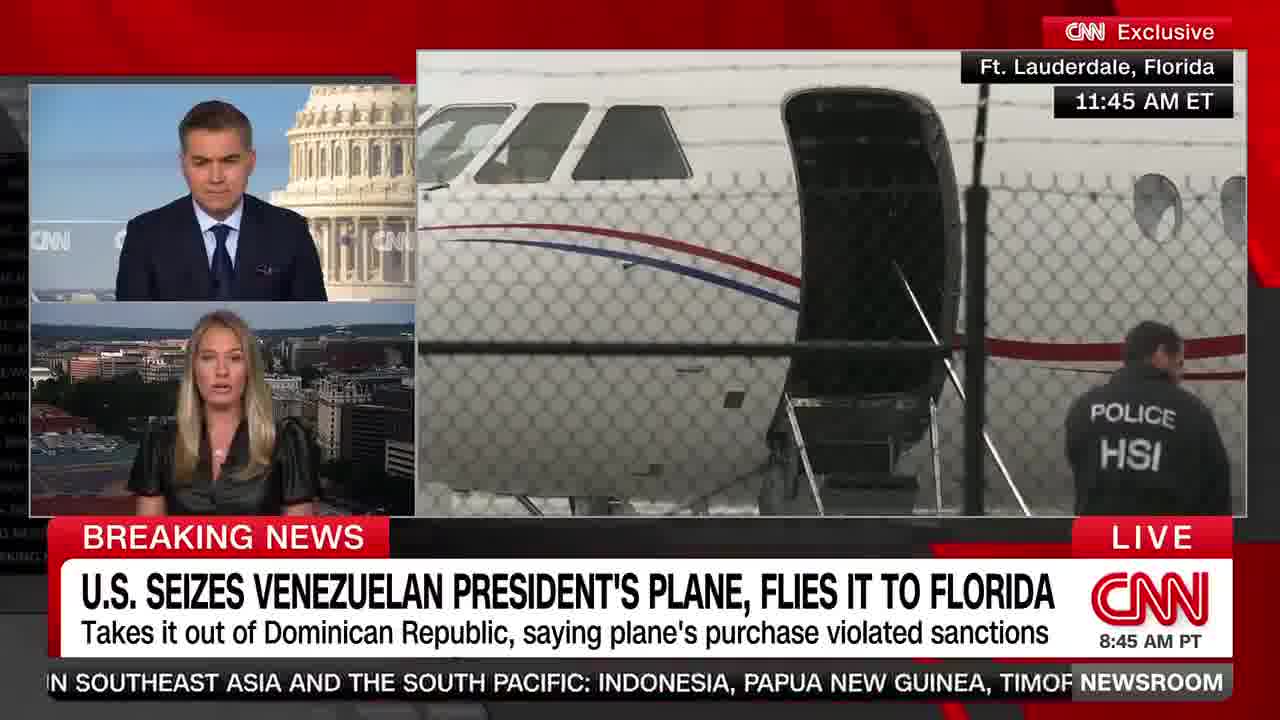 Las autoridades estadounidenses han confiscado el avión privado del autócrata venezolano Maduro porque han determinado que su compra violó las sanciones estadounidenses, entre otras cuestiones criminales. Actualmente, el gobierno estadounidense ofrece una recompensa de 15 millones de dólares por información que conduzca al arresto de Maduro