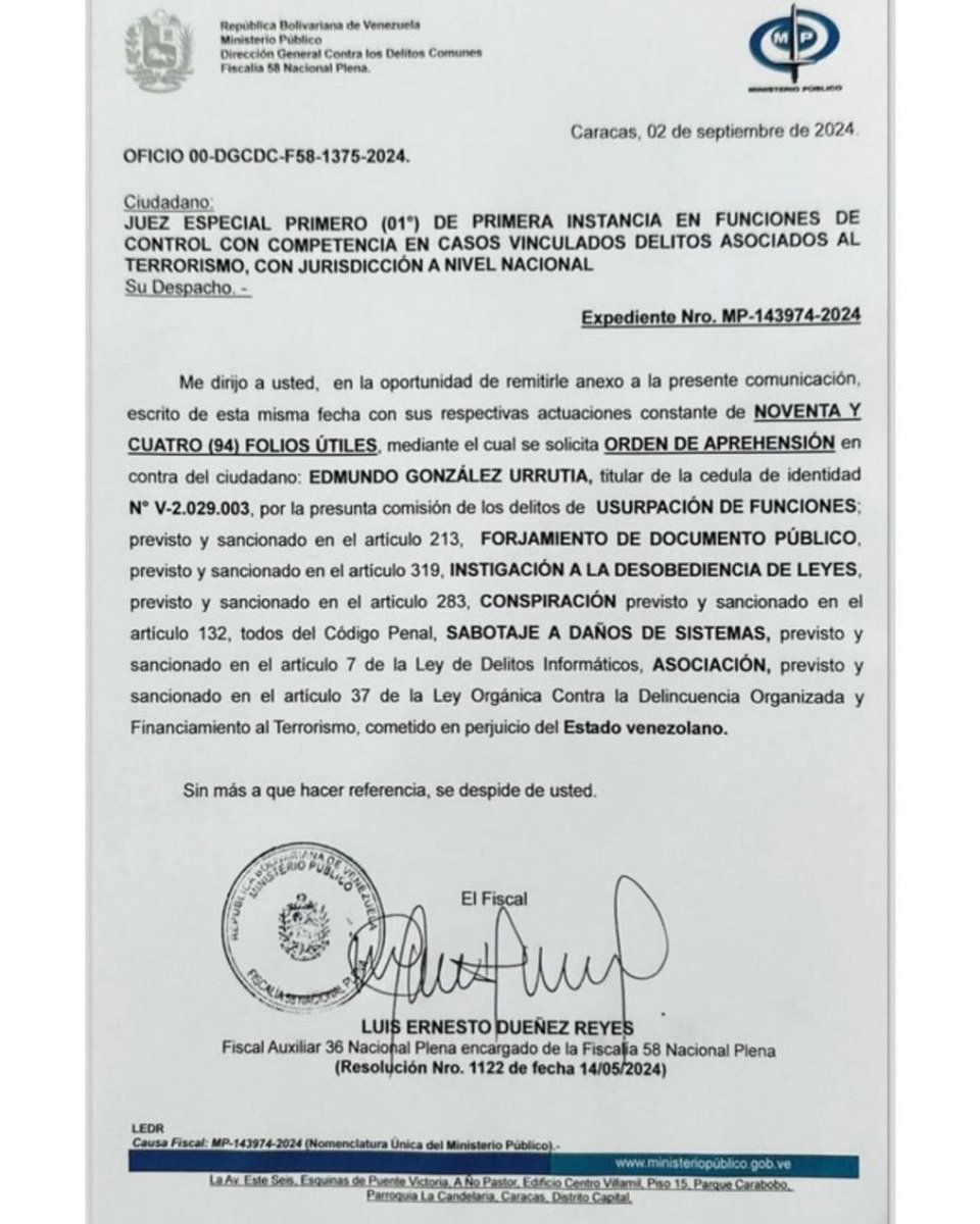 La Fiscalía del Gobierno ha emitido una orden de arresto contra el opositor @EdmundoGU, quien se ha escondido después de ganar las elecciones presidenciales de julio.