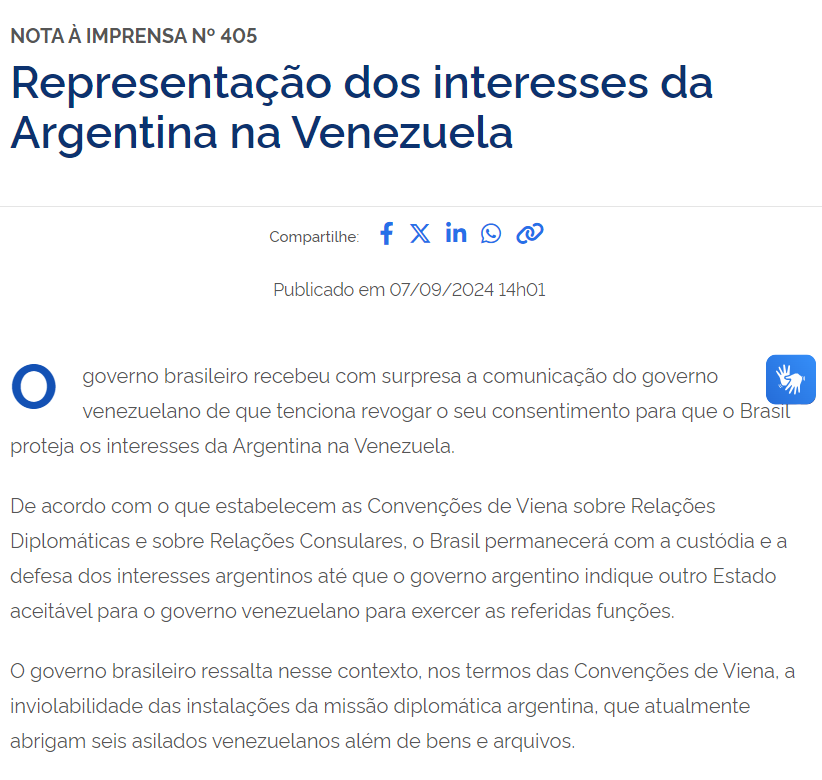 Brezilya, başka bir Devlet devralıp diplomatik merkezin dokunulmazlığını savunana kadar Caracas'taki Arjantin Büyükelçiliğini korumaya devam edeceğini teyit etti