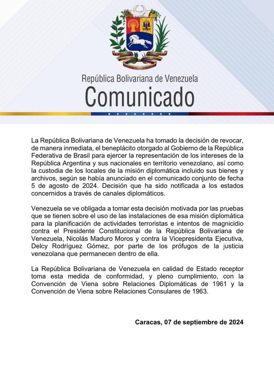 Governo Maduro confirma que revogou unilateralmente autorização para o Brasil guardar a Embaixada Argentina em Caracas