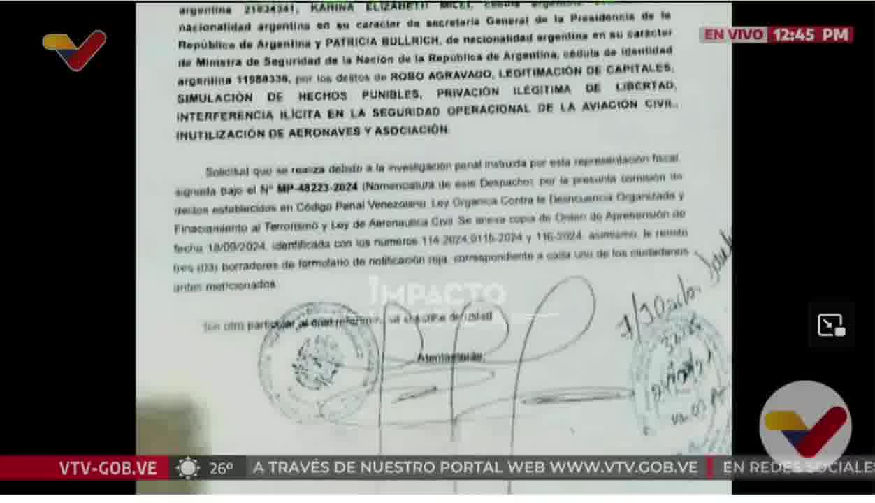 Başsavcı Tarek William Saab, Cumhuriyet Savcılığı'nın Arjantin Devlet Başkanı Javier Milei, Cumhurbaşkanlığı Sekreteri Karina Milei ve Güvenlik Bakanı Patricia Bullrich hakkında Interpol'e kırmızı alarm verilmesini talep ettiğini duyurdu.