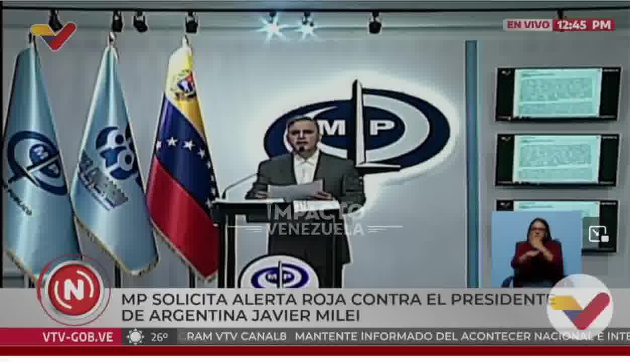 O procurador-geral Tarek William Saab anunciou que o Ministério Público solicitou à Interpol que emita uma ordem de alerta vermelho contra Javier Milei, presidente da Argentina, a secretária da Presidência, Karina Milei, e a ministra da Segurança, Patricia Bullrich.