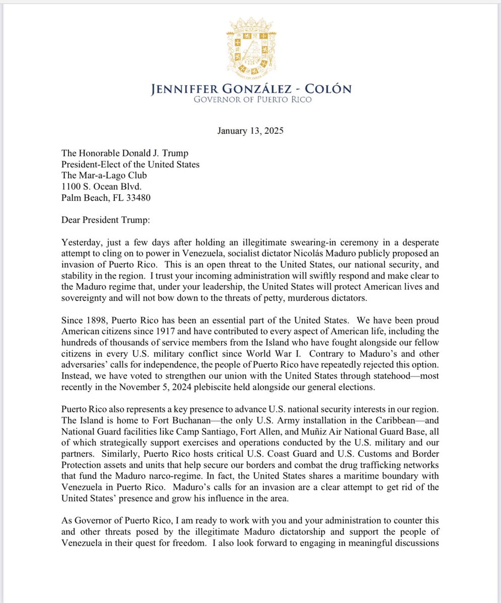 Puerto Rico governior: Venezuelan dictator Nicolás Maduro called for an invasion of Puerto Rico, an open threat to the United States and our national security. I sent a letter to President @realDonaldTrump, trusting his administration will swiftly respond and make clear to the Maduro narco-regime that the U.S. will protect American lives and sovereignty and won’t bow down to petty, murderous thugs