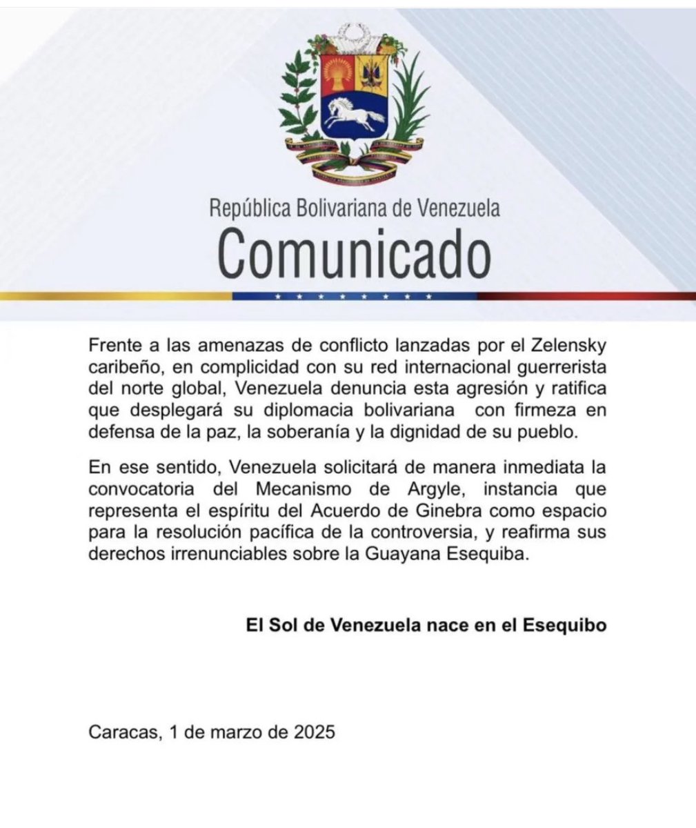 Maduro’s foreign minister replies to the protest by Guyana’s president Irfaan Ali calling him the Caribbean Zelensky. That the claim that a Venezuelan vessel crossed into Guyana territory is baseless since those are disputed waters.