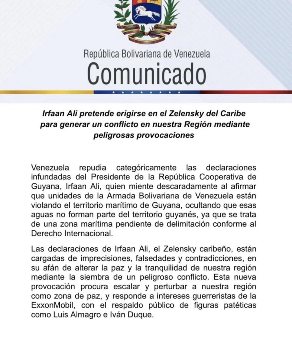 Maduro’s foreign minister replies to the protest by Guyana’s president Irfaan Ali calling him the Caribbean Zelensky. That the claim that a Venezuelan vessel crossed into Guyana territory is baseless since those are disputed waters. 
