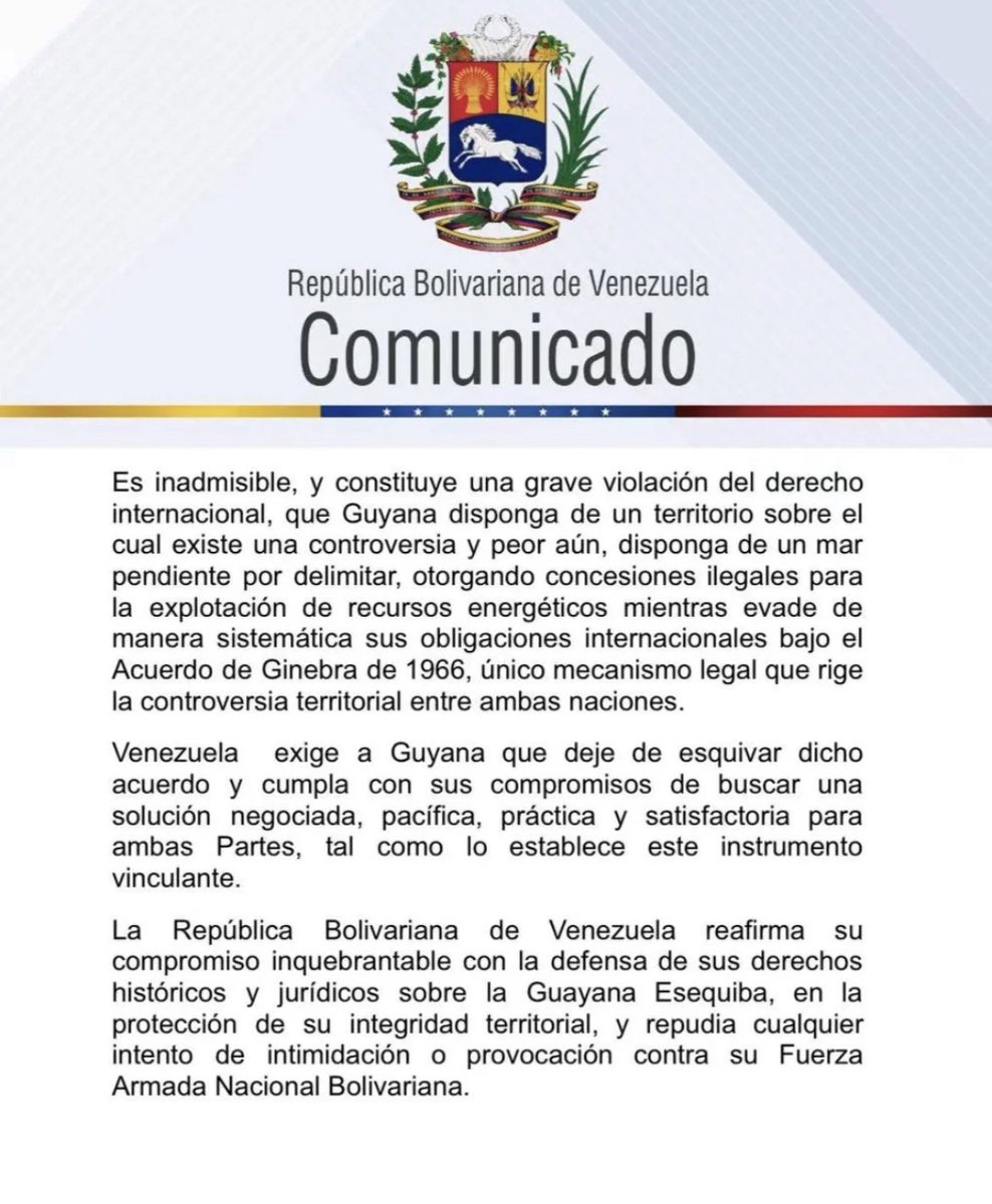 Maduro’s foreign minister replies to the protest by Guyana’s president Irfaan Ali calling him the Caribbean Zelensky. That the claim that a Venezuelan vessel crossed into Guyana territory is baseless since those are disputed waters. 
