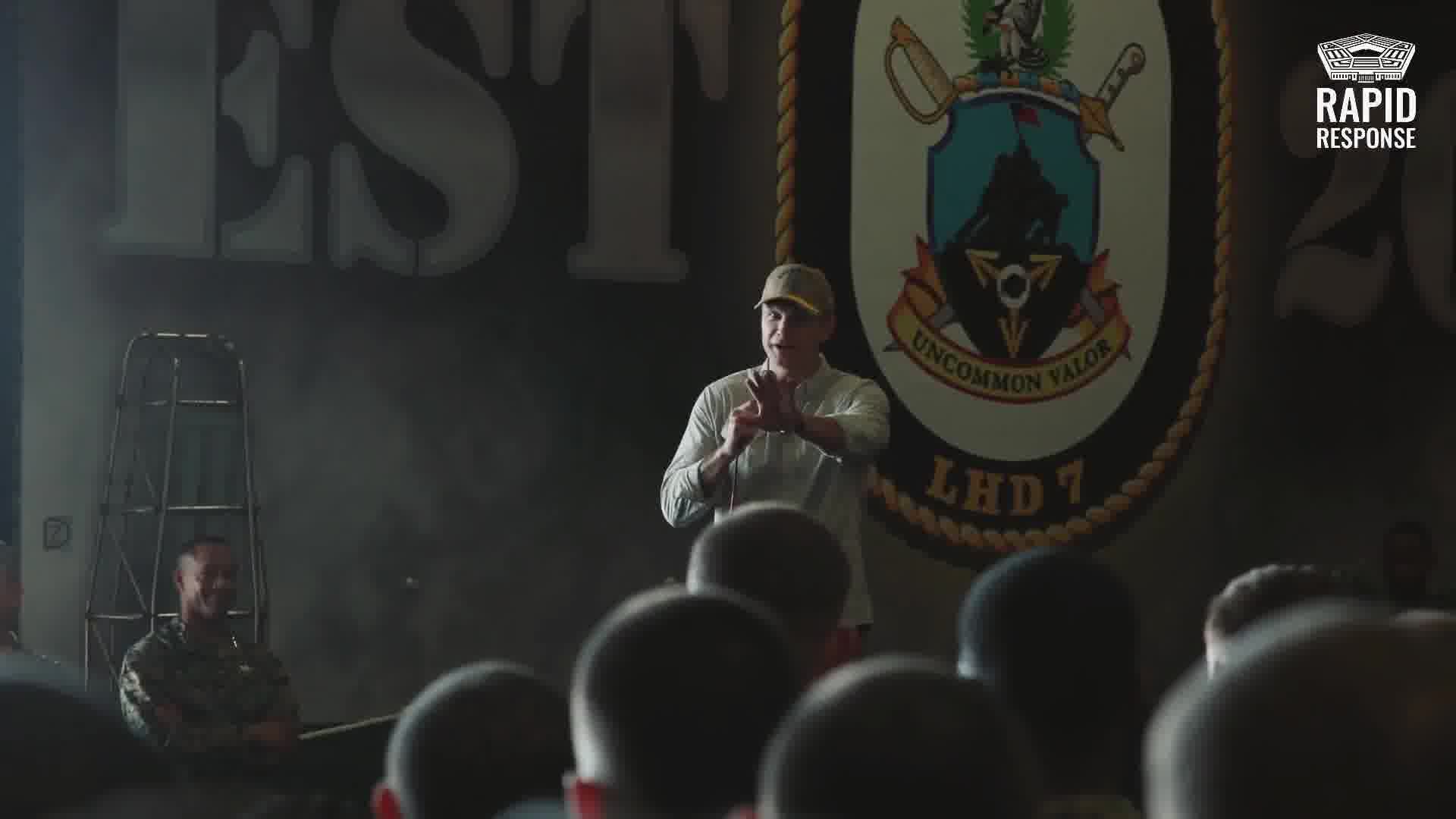 Secretary of War Hegseth speaks to his men aboard the assault ship USS Iwo Jima: This is not training. It's an actual exercise in the name of the national interest: to stop the poisoning of Americans.