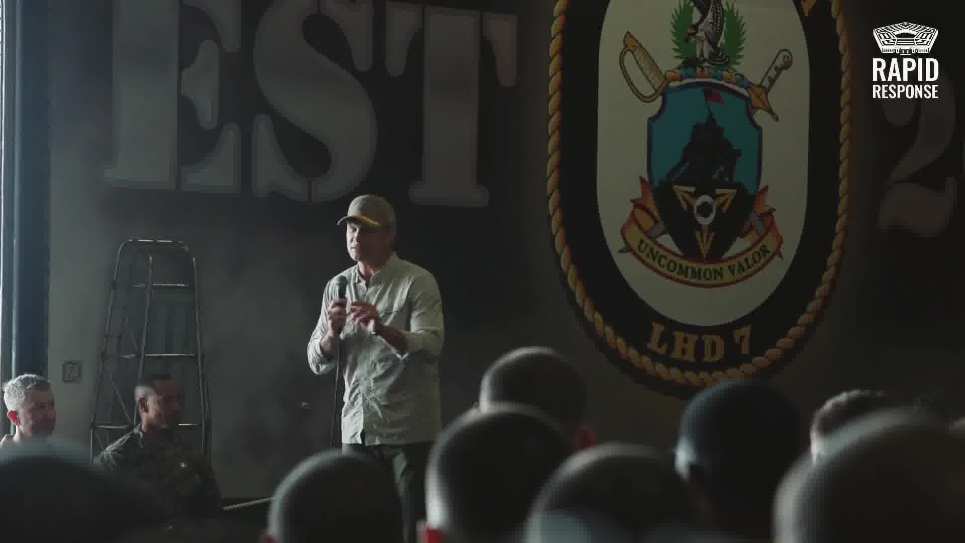Secretary of War Hegseth speaks to his men aboard the assault ship USS Iwo Jima: This is not training. It's an actual exercise in the name of the national interest: to stop the poisoning of Americans.