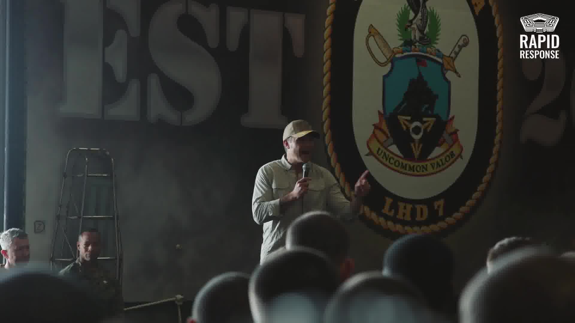 Secretary of War Hegseth speaks to his men aboard the assault ship USS Iwo Jima: This is not training. It's an actual exercise in the name of the national interest: to stop the poisoning of Americans.