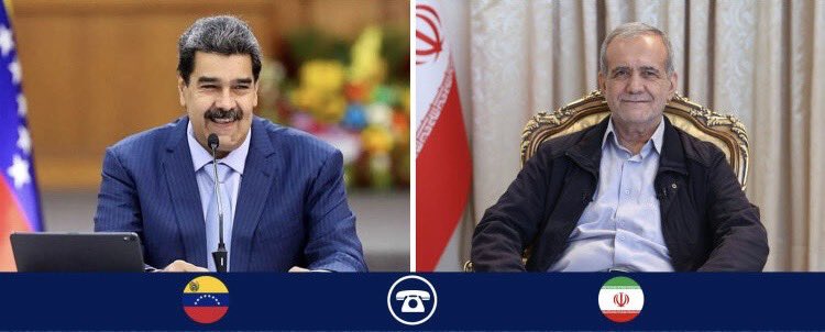 Iranian President Masoud Pezeshkian spoke tonight with Venezuelan President Maduro, reaffirming their alliance against U.S. unilateralism and fabricated narratives, while stressing national unity in both Iran and Venezuela. During the call, Pezeshkian additionally reiterated Iran’s support for the sovereignty of Venezuela.