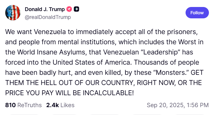 Donald Trump warns the Maduro regime that it will pay an incalculable price if it does not accept all deportees immediately.