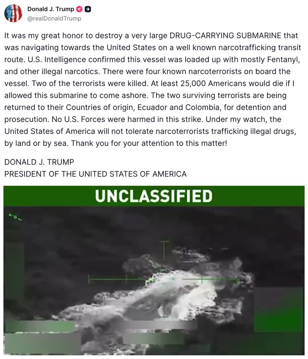 Donald Trump shares video of the bombing of the drug-laden submarine
