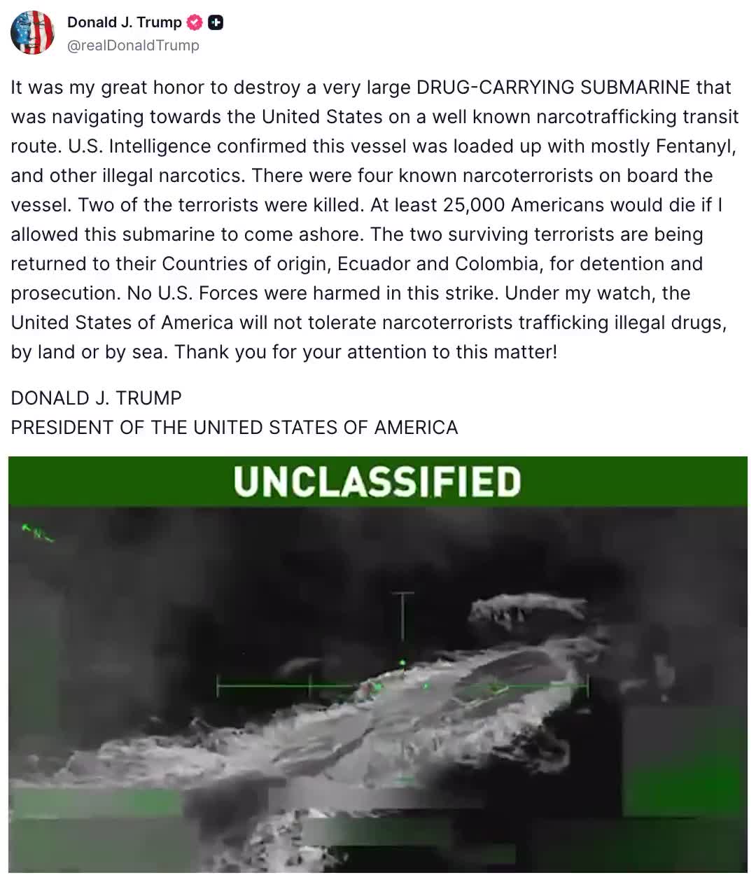 Donald Trump shares video of the bombing of the drug-laden submarine