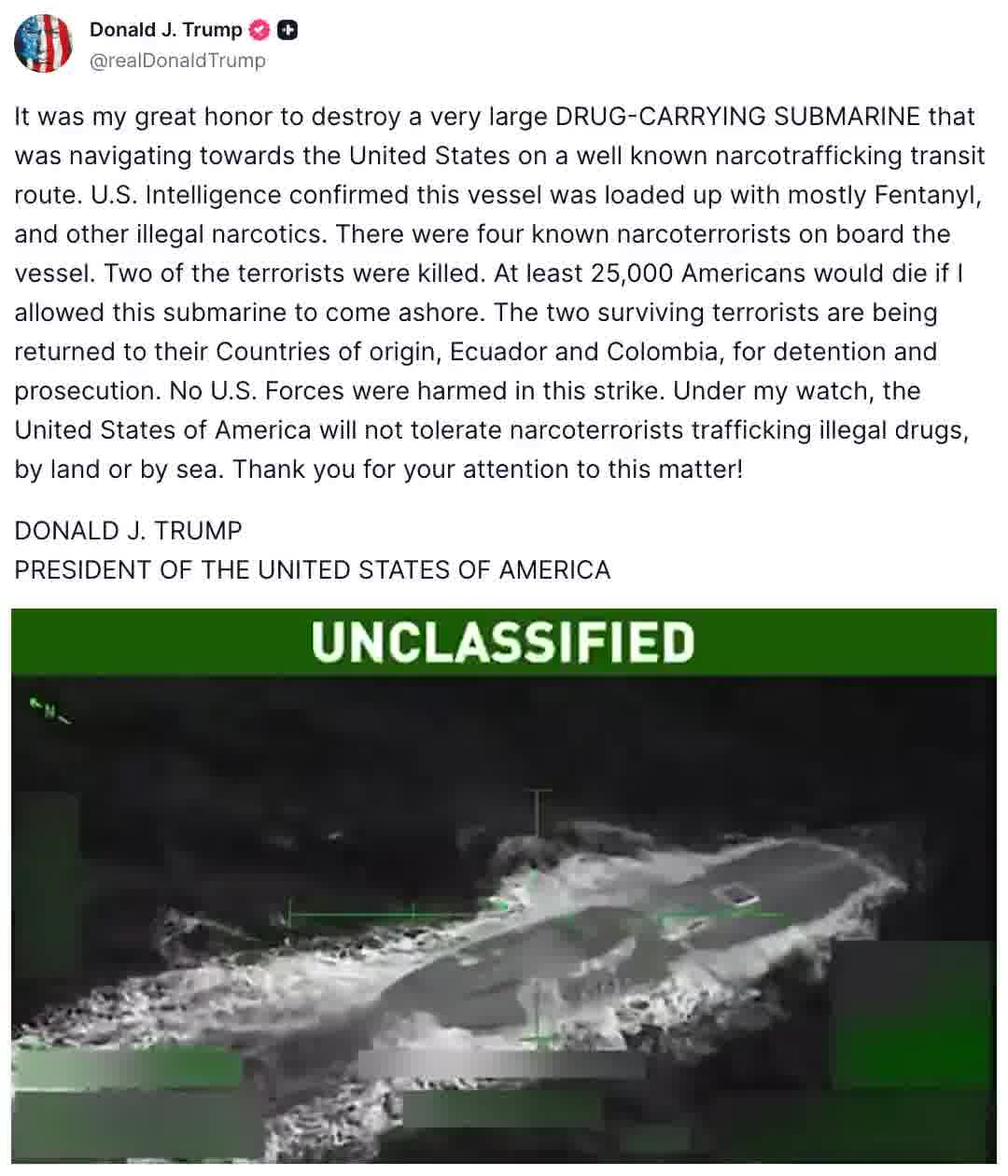 Donald Trump shares video of the bombing of the drug-laden submarine