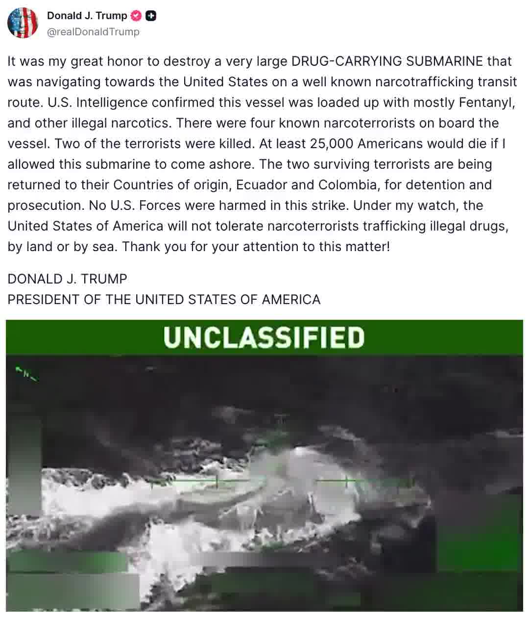 Donald Trump shares video of the bombing of the drug-laden submarine