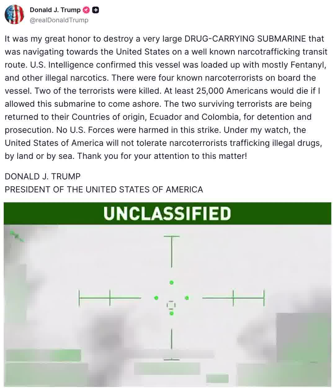Donald Trump shares video of the bombing of the drug-laden submarine