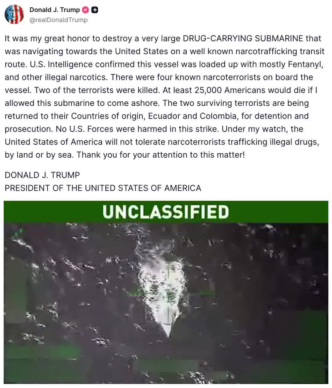 Donald Trump shares video of the bombing of the drug-laden submarine