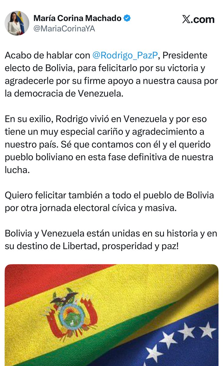 María Corina Machado spoke with Rodrigo Paz, president-elect of Bolivia, and says that Venezuela is counting on him to free itself from Maduro's tyranny.