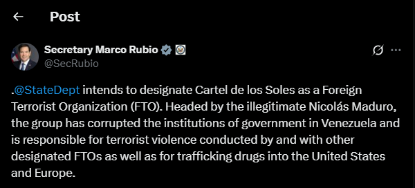 Marco Rubio : Le département d'État américain a l'intention de désigner le Cartel de los Soles comme organisation terroriste étrangère (FTO). Ce cartel est dirigé par le président illégitime Maduro.