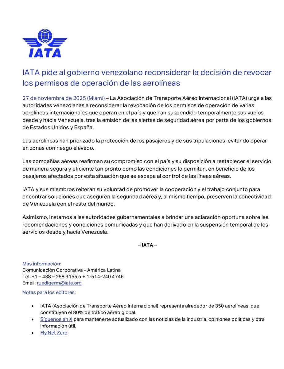 @IATA is asking the Venezuelan government to reconsider its decision to revoke the airlines' operating permits