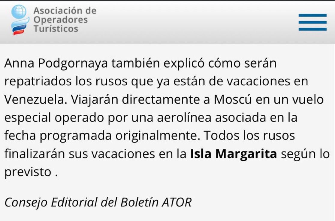 Rusya, Venezuela'daki Rus vatandaşlarını tahliye etmeye başlayacağını duyurdu. ATORUS (Rusya Tur Operatörleri Birliği), Venezuela'da bulunan Rus vatandaşlarını geri getirmek için özel uçuşlar hazırlandığını doğruladı.
