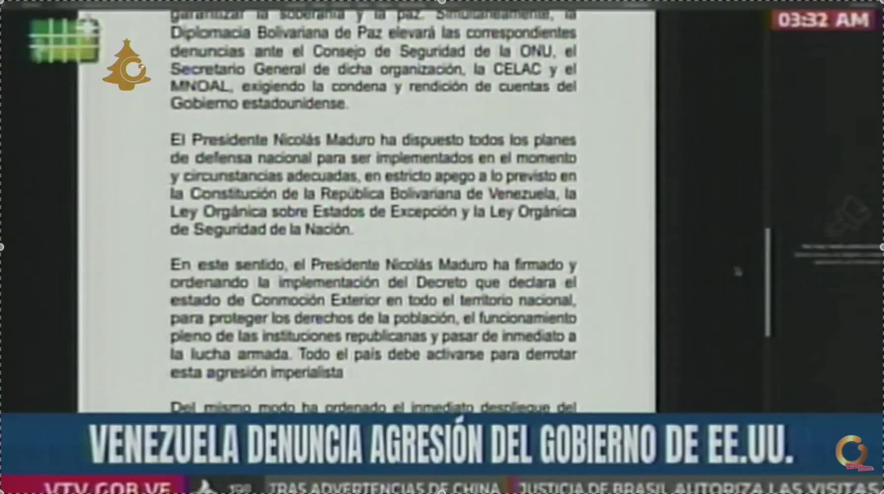 Maduro orders deployment of the Command for the Comprehensive Defense of the Nation. Venezuela reserves the right to exercise legitimate self-defense to protect its people, its territory, and its independence.