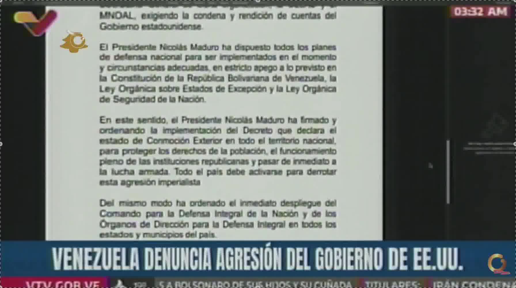 Maduro orders deployment of the Command for the Comprehensive Defense of the Nation. Venezuela reserves the right to exercise legitimate self-defense to protect its people, its territory, and its independence.