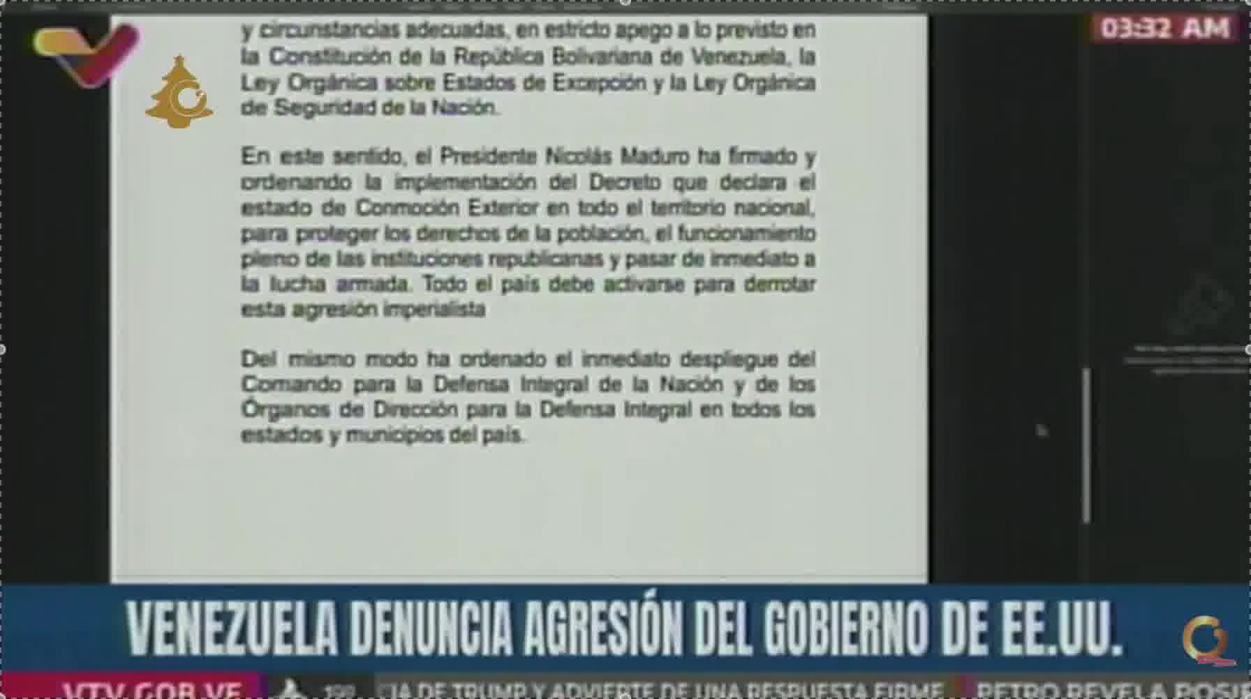Maduro orders deployment of the Command for the Comprehensive Defense of the Nation. Venezuela reserves the right to exercise legitimate self-defense to protect its people, its territory, and its independence.