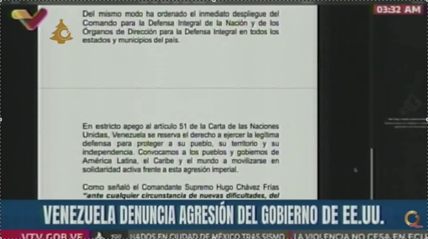 Maduro orders deployment of the Command for the Comprehensive Defense of the Nation. Venezuela reserves the right to exercise legitimate self-defense to protect its people, its territory, and its independence.