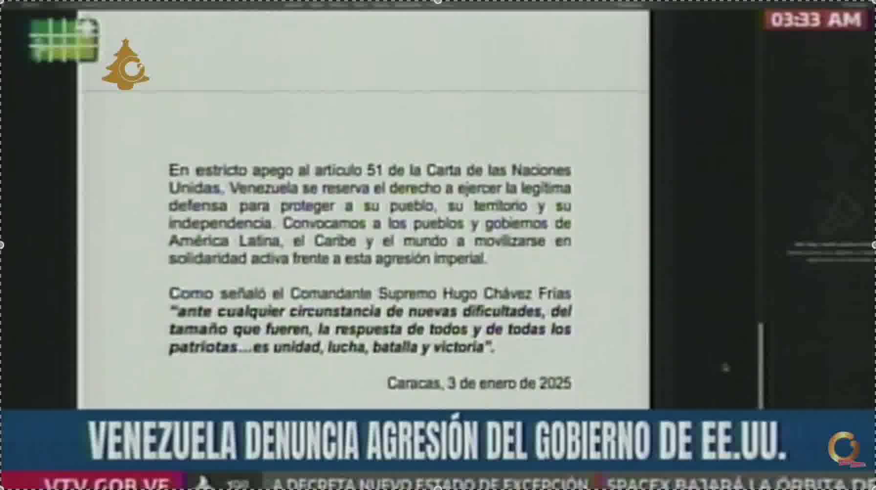 Maduro orders deployment of the Command for the Comprehensive Defense of the Nation. Venezuela reserves the right to exercise legitimate self-defense to protect its people, its territory, and its independence.