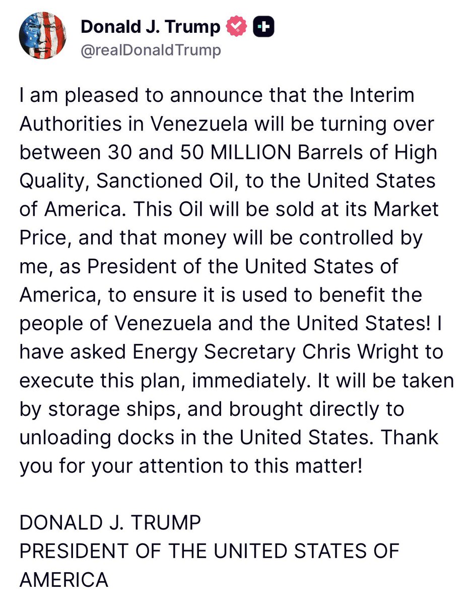 El presidente Donald J. Trump anuncia que las autoridades interinas de Venezuela entregarán entre 30 y 50 MILLONES de barriles de petróleo de alta calidad y sancionado a los Estados Unidos de América.