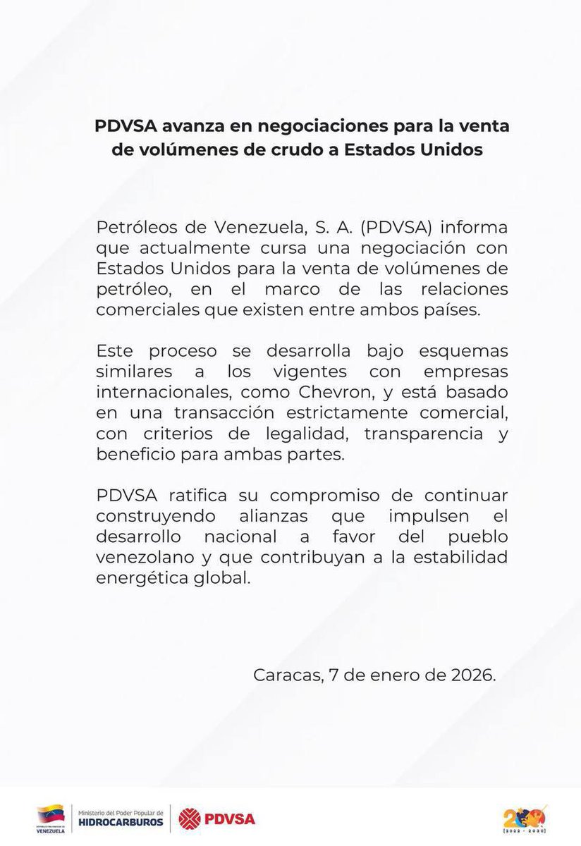 La petrolera estatal de Venezuela, PDVSA, confirmó que está en conversaciones con Estados Unidos para vender crudo venezolano.