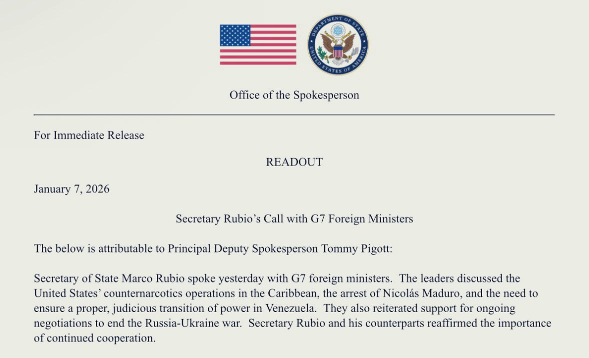 Los ministros del G7 reafirmaron su apoyo a las conversaciones de paz en Ucrania durante una llamada con Rubio. El Departamento de Estado afirma que Rubio y sus aliados discutieron las negociaciones en curso para poner fin a la guerra de Rusia junto con la transición en Venezuela.