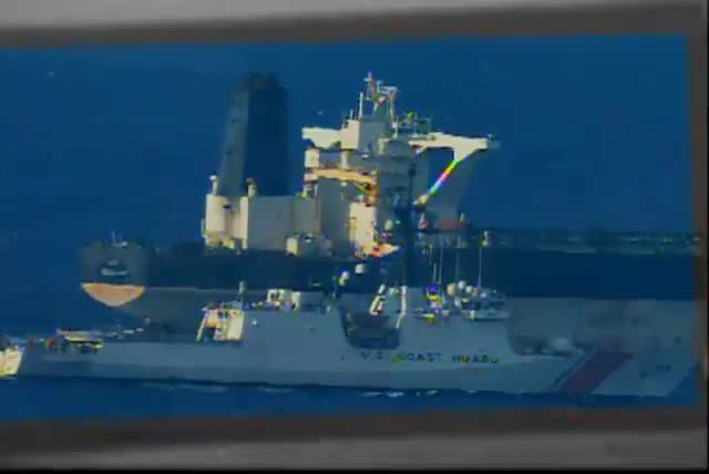 Footage of the USCGC Munro (WMSL-755), a Legend-class cutter with the U.S. Coast Guard, alongside the Russian-flagged Iranian-linked oil tanker, Marinera, during this morning’s operation to board and seize the vessel in the Northern Atlantic.