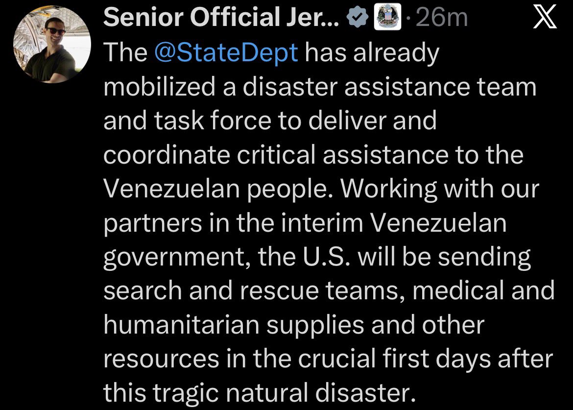 The US State Department has announced that search & rescue assets will be responding to Venezuela in the wake of the double 7.1 & 7.5 magnitude earthquakes yesterday. These teams are ready to deploy at a moments notice and are en route to their assigned area within 48 hours.