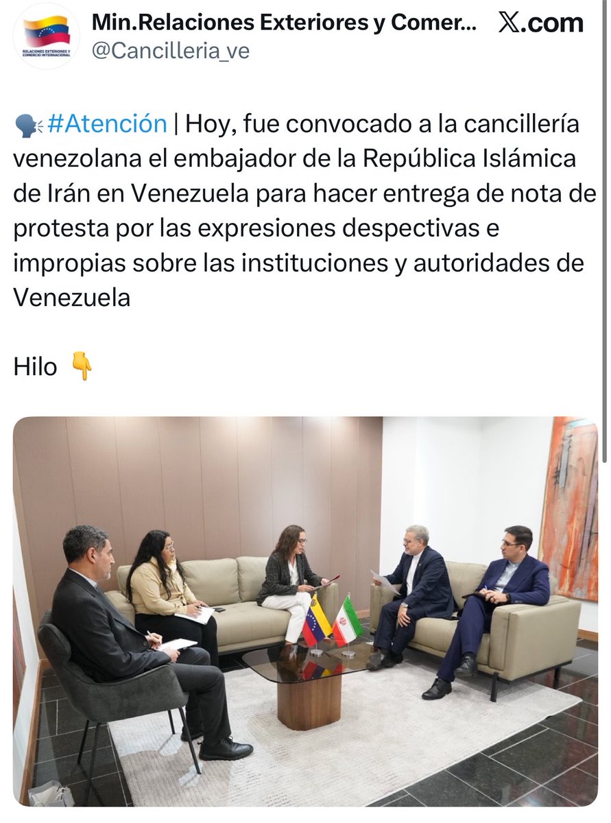 Le régime de Delcy Rodríguez a adressé une lettre de protestation à l'ambassadeur iranien au Venezuela suite aux propos tenus par le ministre des Affaires étrangères, Abbas Aragchi. Ce dernier avait récemment déclaré :  Ce n'est pas le Venezuela, où l'on prend une personne et où tout le monde panique. 
